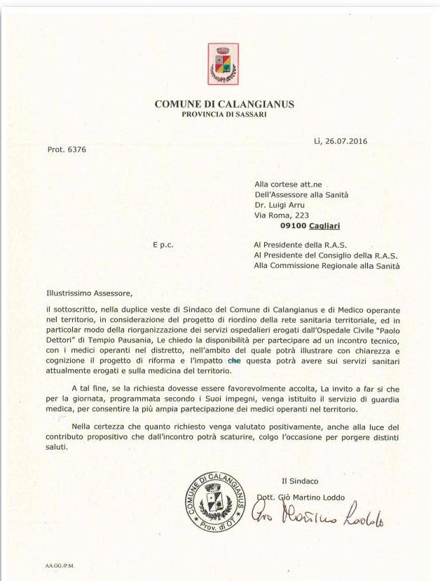 La lettera inviata da Gian Martino Loddo all'assessore Arru.