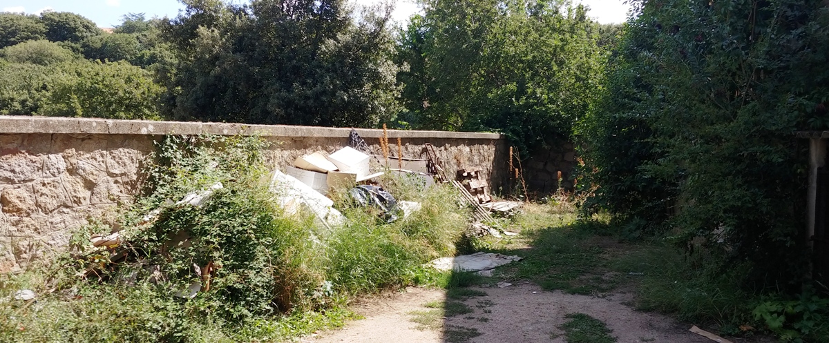 Tifiuti, erbacce, cumuli di materiali da discarica abbandonati.