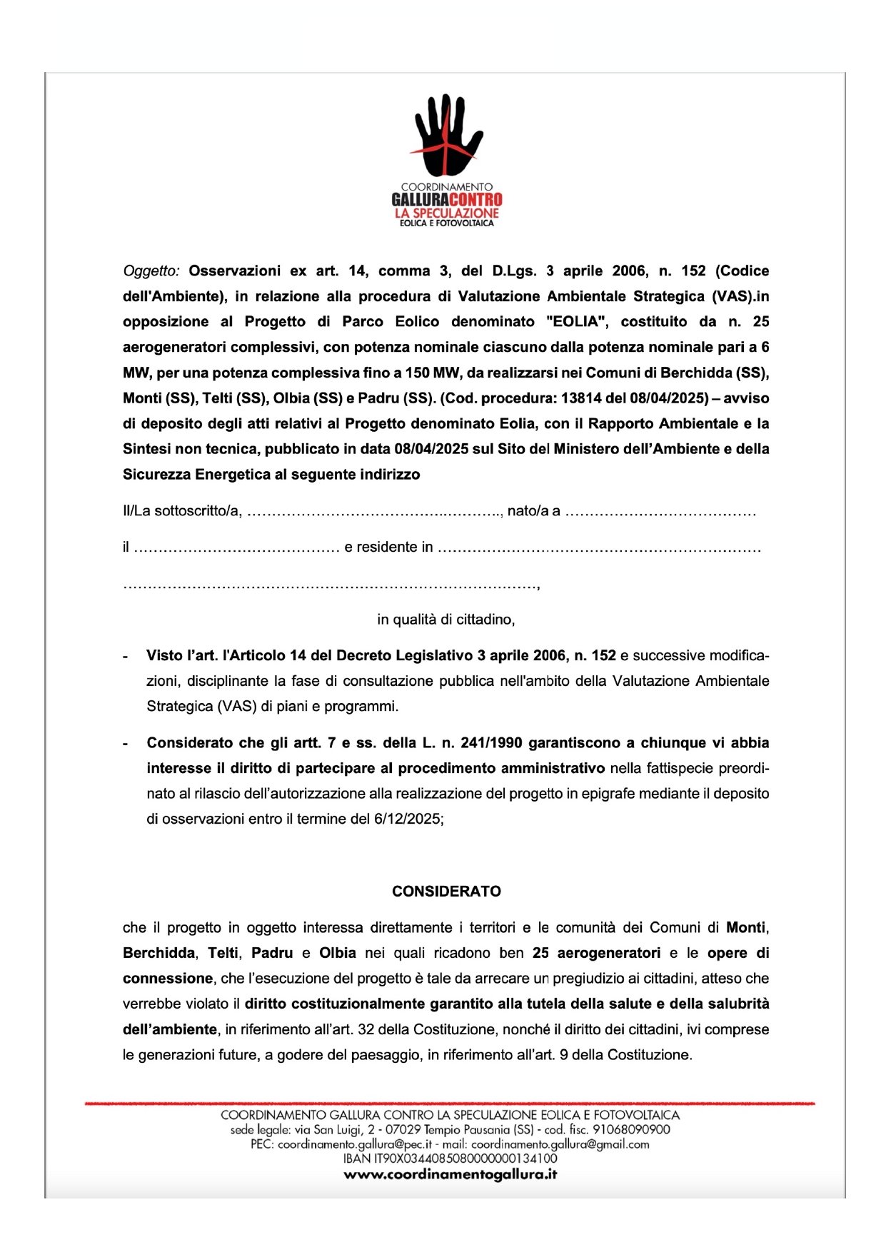 Modulo osservazioni progetto eolico EOLIA